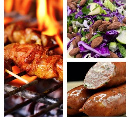 DHL Menu 2, af Kyllingespyd marineret i hjemmelavet BBQ-sauce - Spidskålslat med forårsløg, æbler, edamamebønner, persille, ristede mandler på toppen vendt i olie/eddike dressing - öxneholm frankfurter