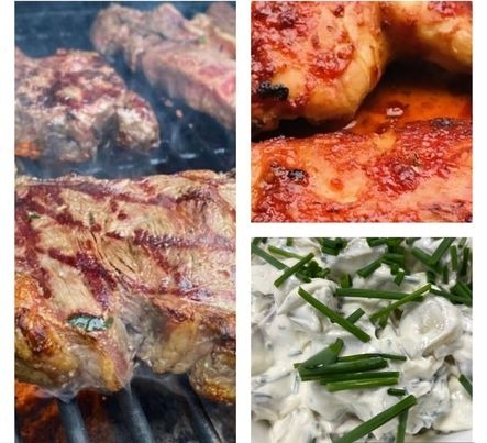 DHL Stafet menu 4, af Møre oksebøffer (Hereford) fra Uruguay - Kyllingespyd marineret i Frøens BBQ-sauce - Cremet klassik Kartoffelsalat med purløg & toppet med radiser 