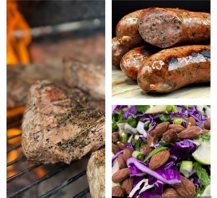 DHL Menu 3, af Grillet Hereford oksefilet fra Uruguay - öxneholm frankfurter og Spidskålslat med forårsløg, æbler, edamamebønner, persille, ristede mandler på toppen vendt i olie/eddike dressing 